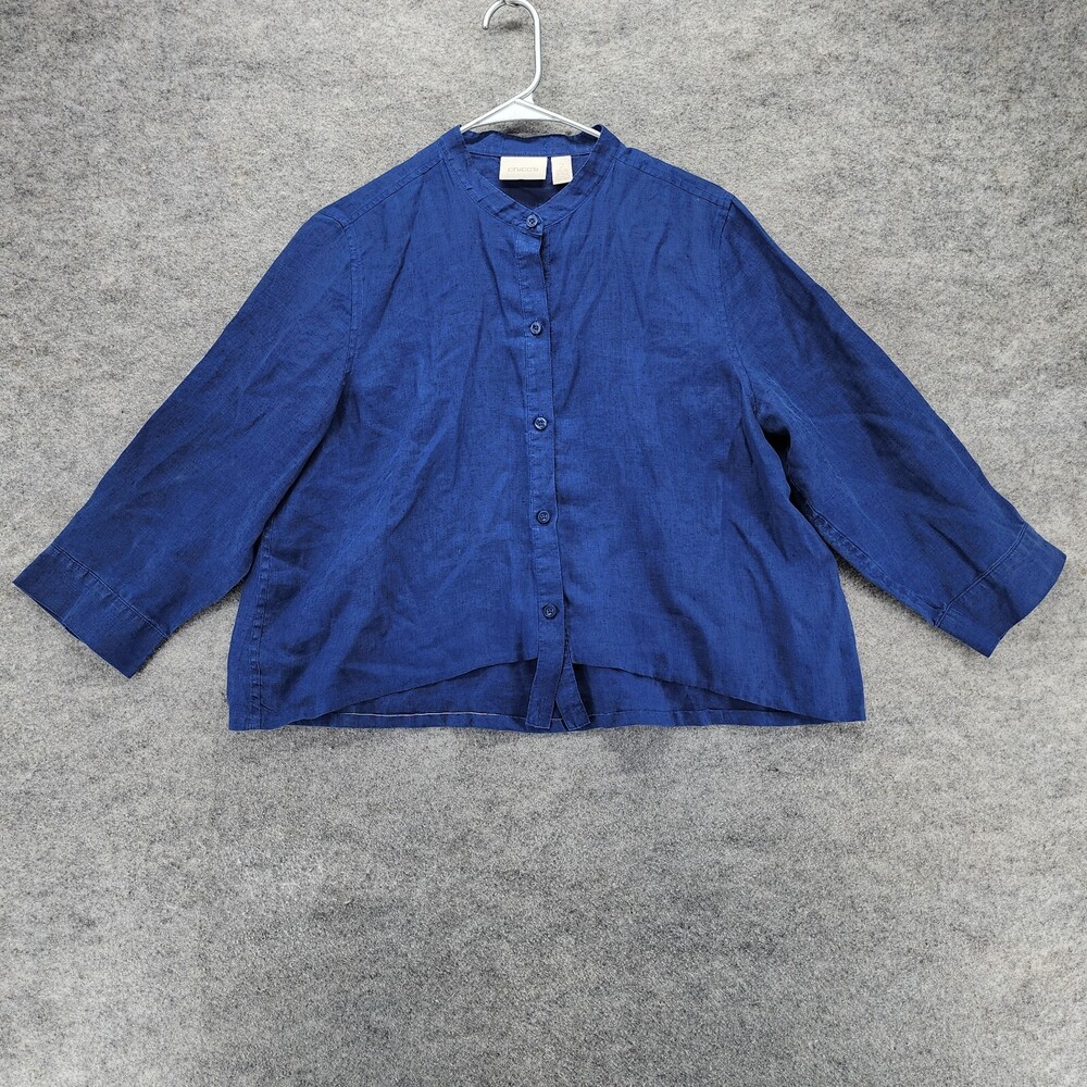 Chicos Shirt Womens Large 3/4 Sleeve Blue Button Up Cropped